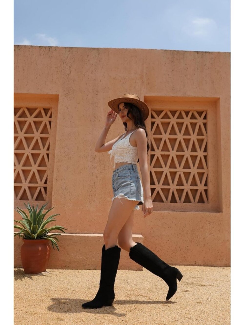 Knee High Cowgirl Boots for Women - Pointed Toe, Block Heel, Embroidered Suede - Picture 6 of 8